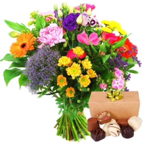 Colorful flowers + chocolates (Bouquet worth colorful fur + 150 grams of handmade chocolates)